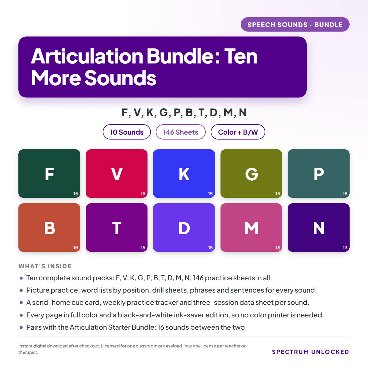 Articulation Bundle: F, V, K, G, P, B, T, D, M, N Worksheets