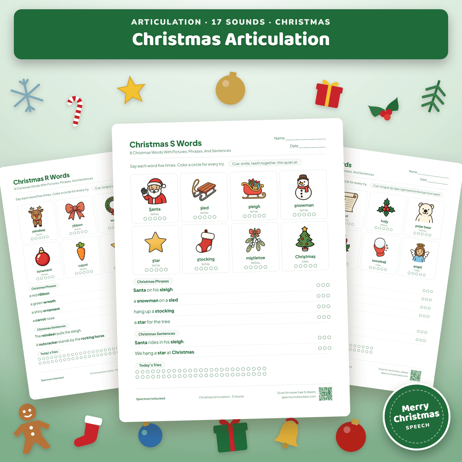 Christmas Articulation Activities: Speech Therapy Worksheets for 17 Sounds