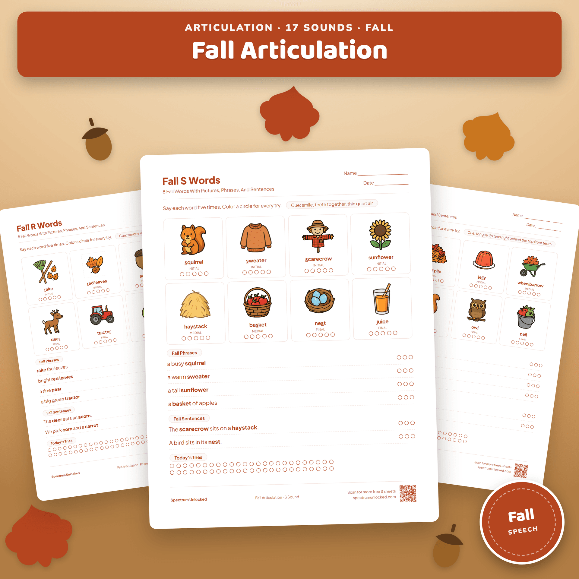 Fall Articulation Activities: Speech Therapy Worksheets for 17 Sounds