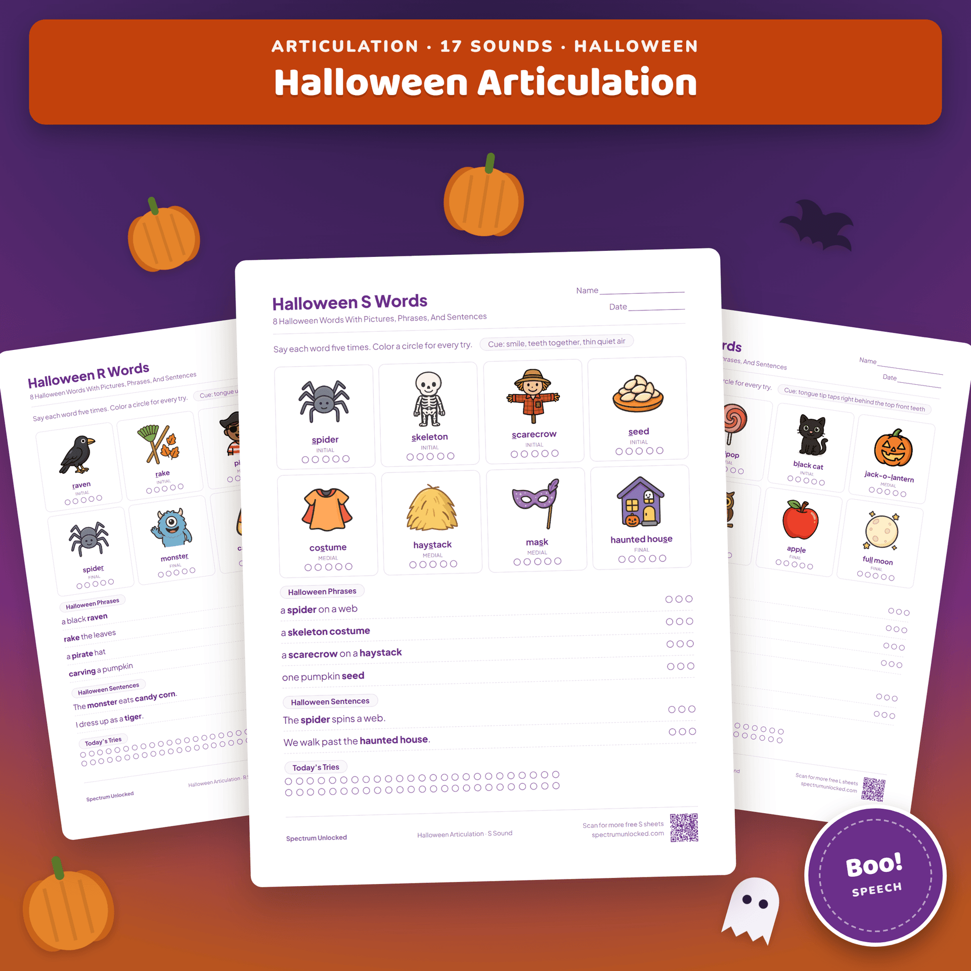 Halloween Articulation Activities: Speech Therapy Worksheets for 17 Sounds