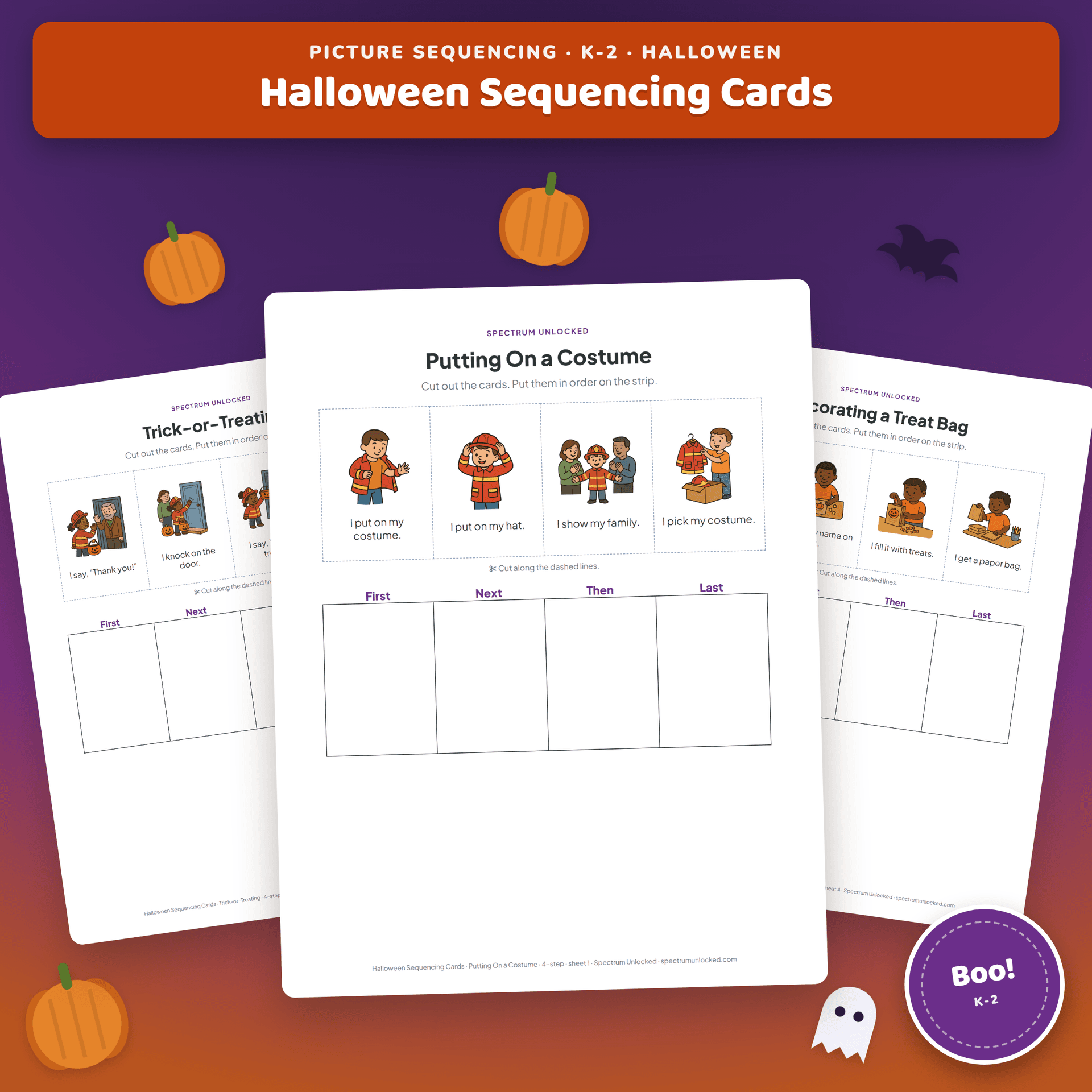 Halloween Sequencing Cards: Activities and Worksheets, K-2