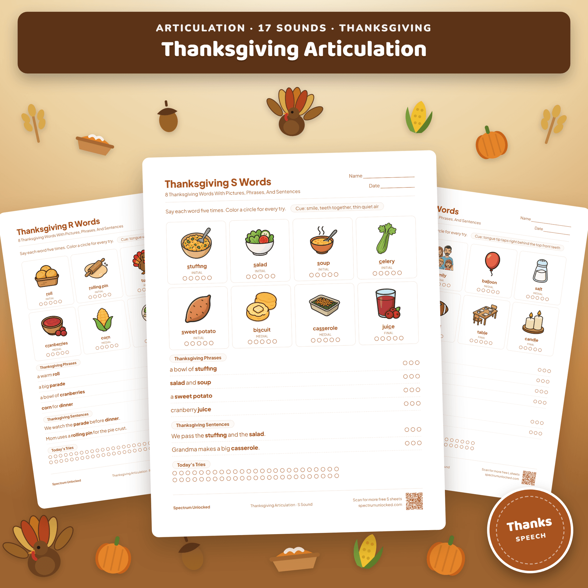 Thanksgiving Speech Therapy Activities: Articulation Worksheets for 17 Sounds